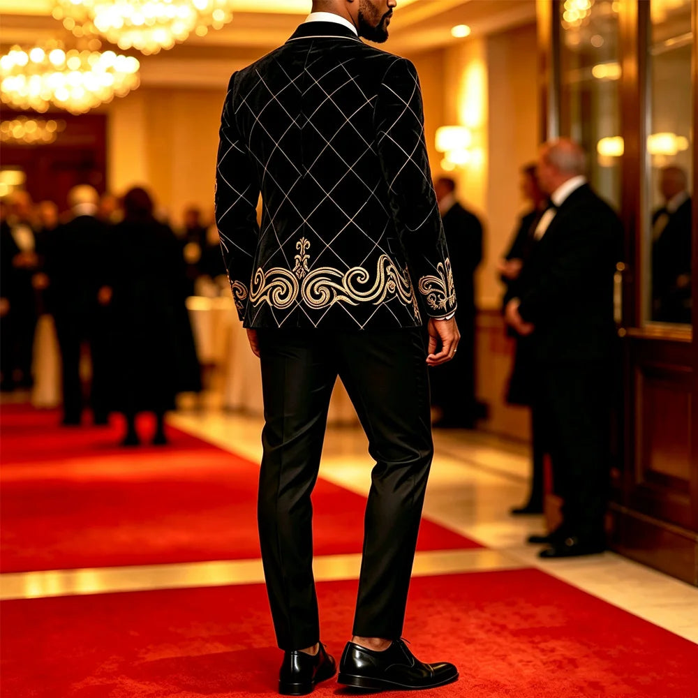 Mens Velvet Knot Embroidered Court Blazer Slim Fit Peak Lapel
