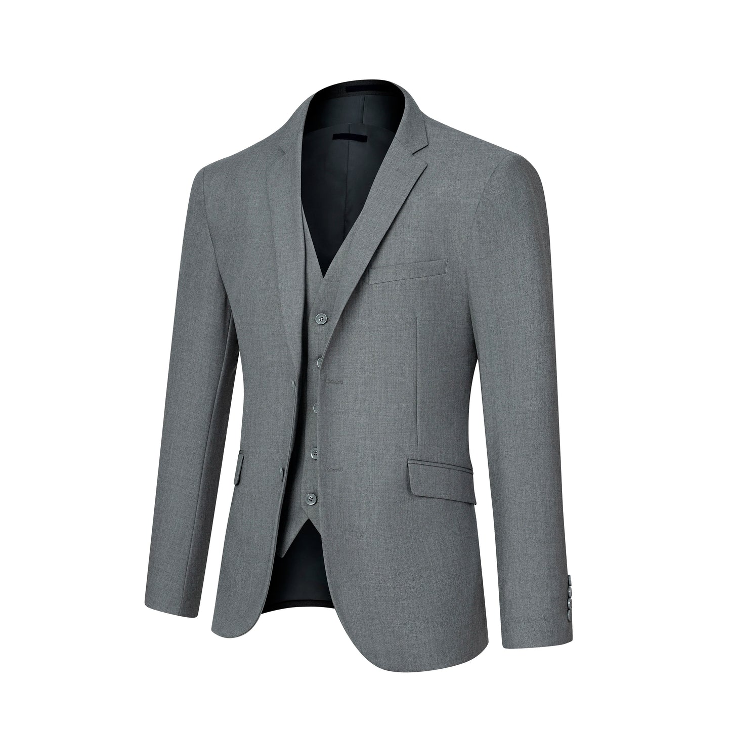 Mens Three Piece Solid Suit Set Regular Fit Button Details
