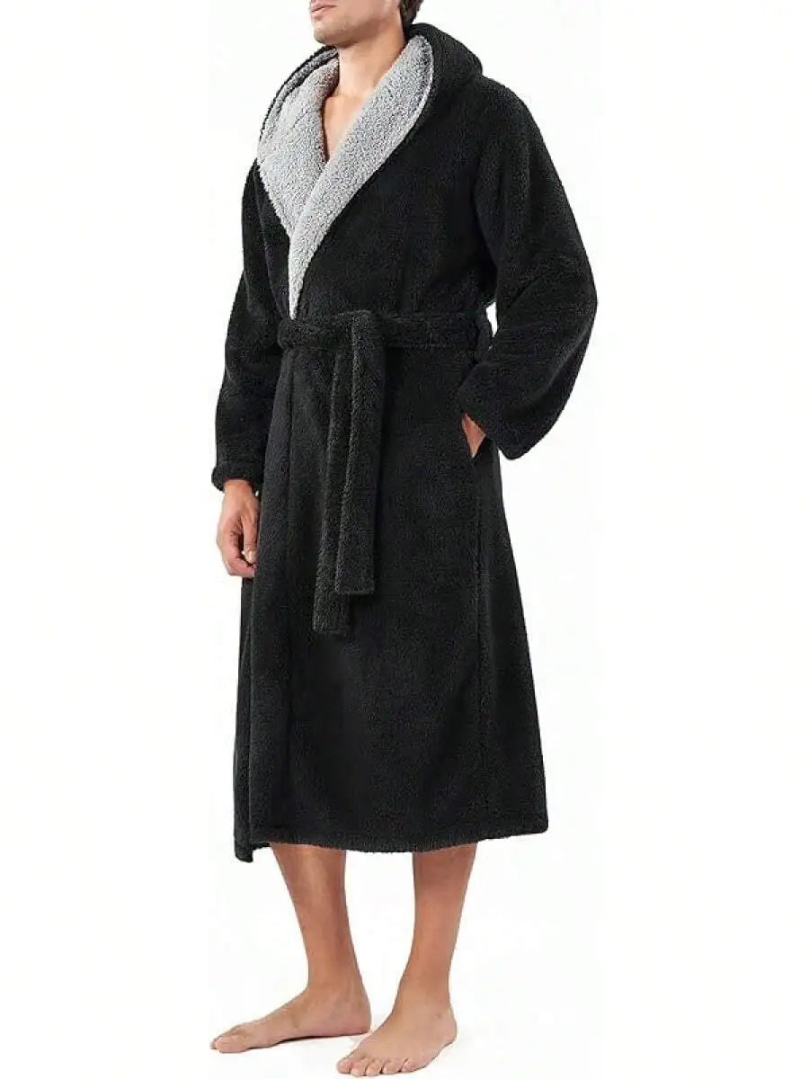 Mens Soft Fleece Plush Full Length Bathrobe With Hood