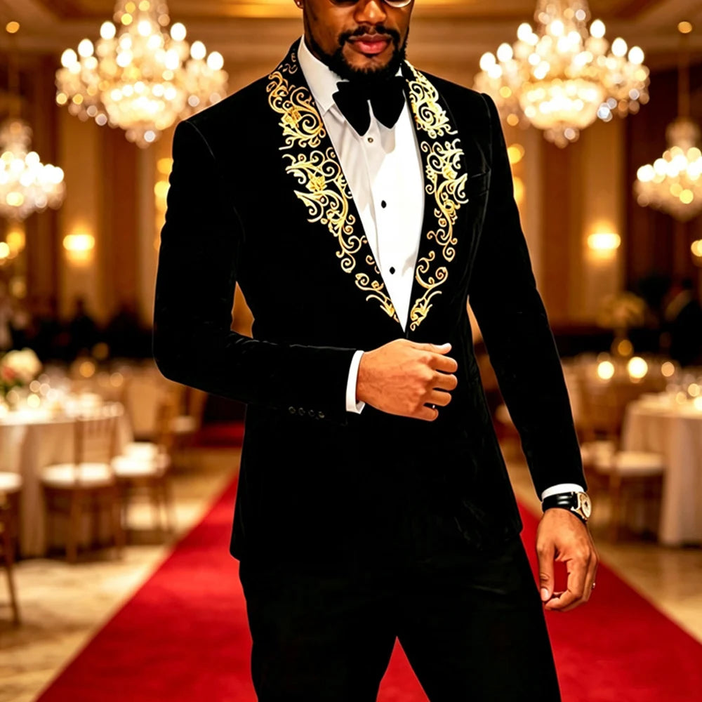Mens Velvet Blazer With Gold Baroque Embroidery Shawl Lapel