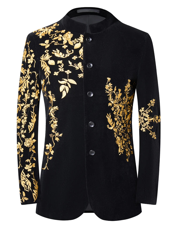 Men's Velvet Blazer With Gold Floral Embroidery Slim Fit Jacket
