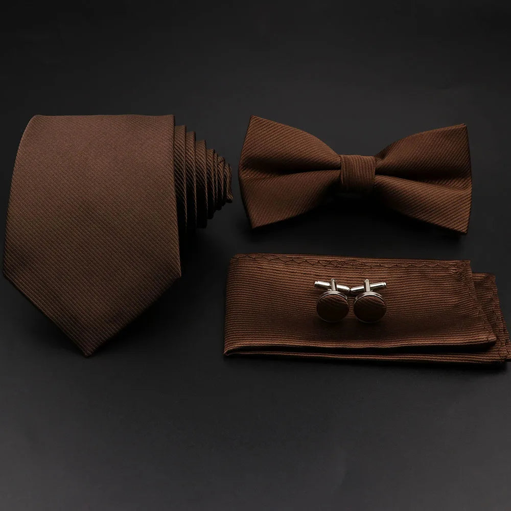 Polyester Slim Striped Tie Set With Bow Tie And Cufflinks For Groom