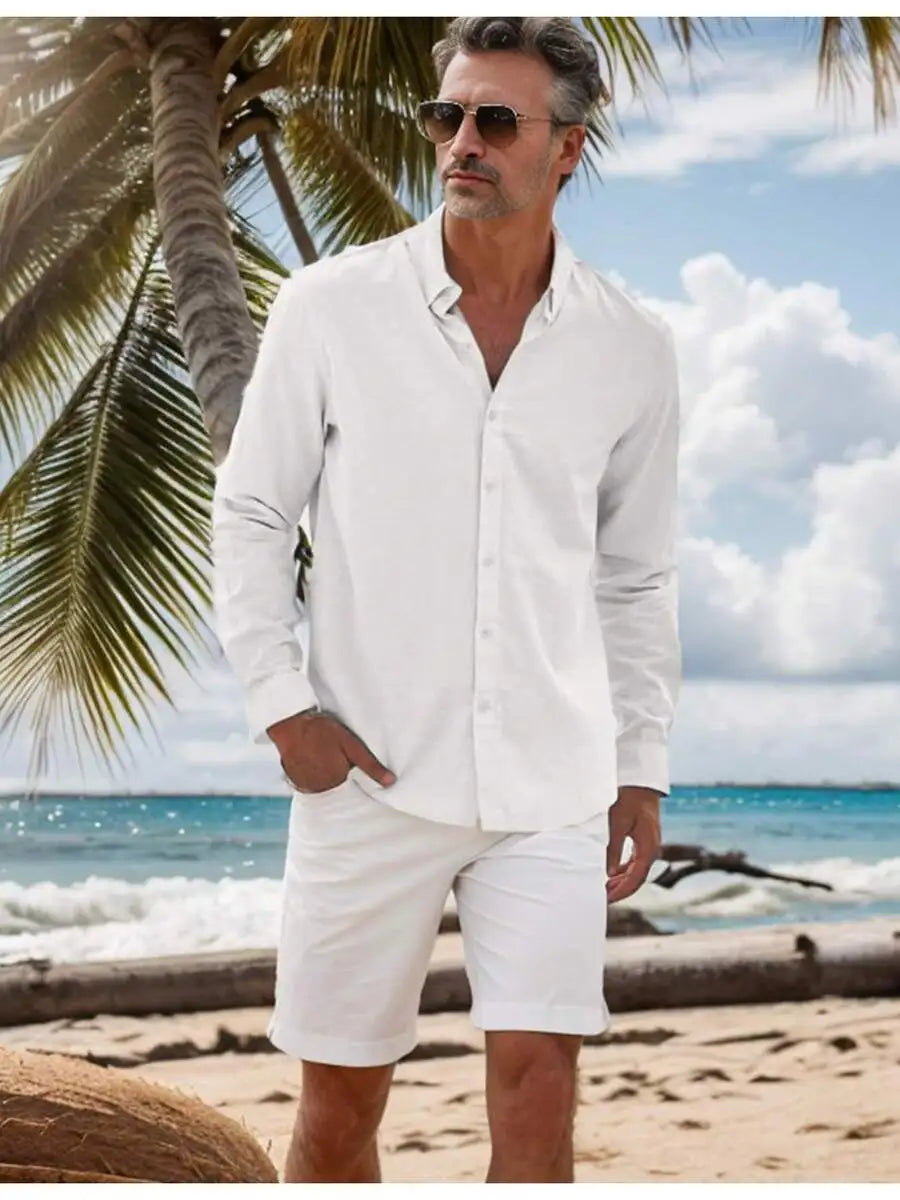 Mens Cotton Linen Button Down Shirt Casual Beachwear Long Sleeve