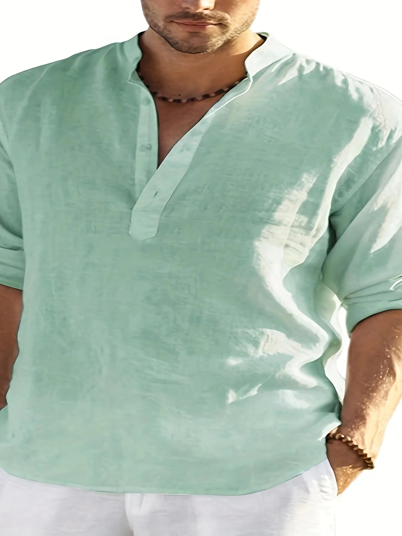 Mens Linen Stand Collar Long Sleeve Shirt Loose Fit Cotton Linen Blend