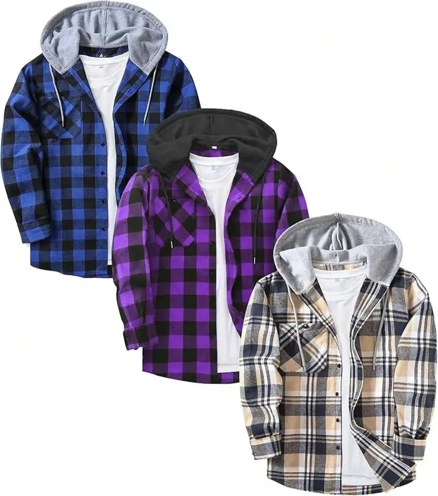 3 Pack Mens Flannel Hooded Shirt Jacket Plaid With Pocket