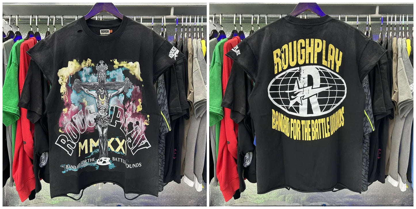 New Y2K Rough Play SoleBoy Vest T-shirts 100% cotton Men Women half Sleevless Pure Cotton American Retro Black Oversized T Shirt Street trendy T-shirt