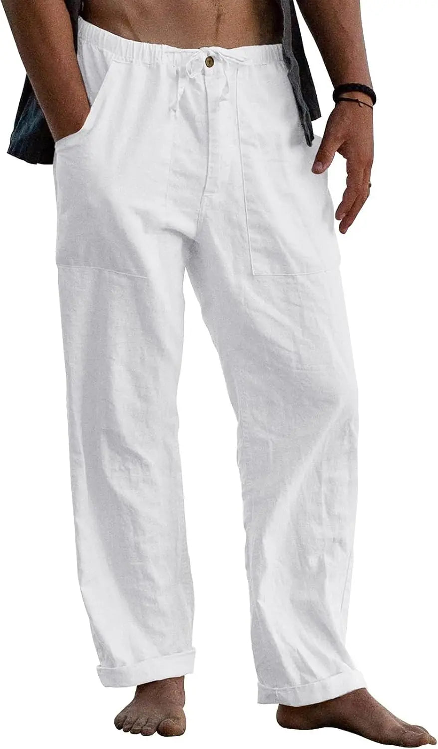 Mens Linen Pants Elastic Waist Drawstring Casual Beach Trousers With Pockets