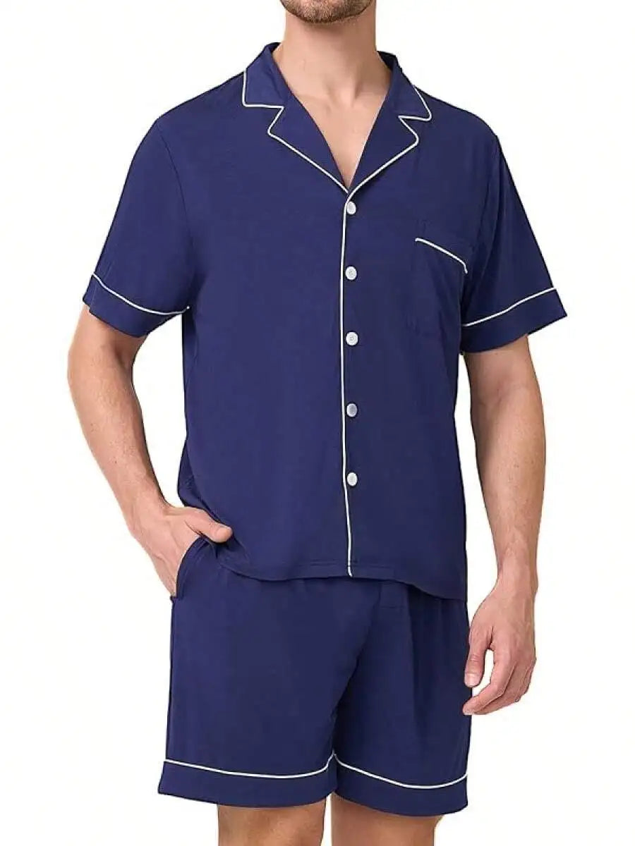 Men's Pajama Set Short Sleeve Button Down Shirt With Pocket Elastic Waist Shorts