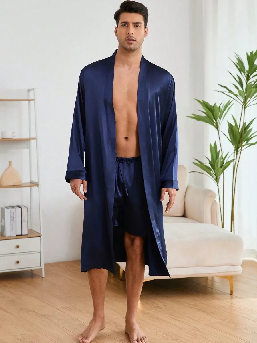 Mens Solid Color Satin Bathrobe With Matching Shorts Set