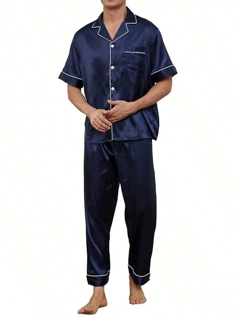 Mens Silk Satin Pajama Set Short Sleeve Button Down Loungewear