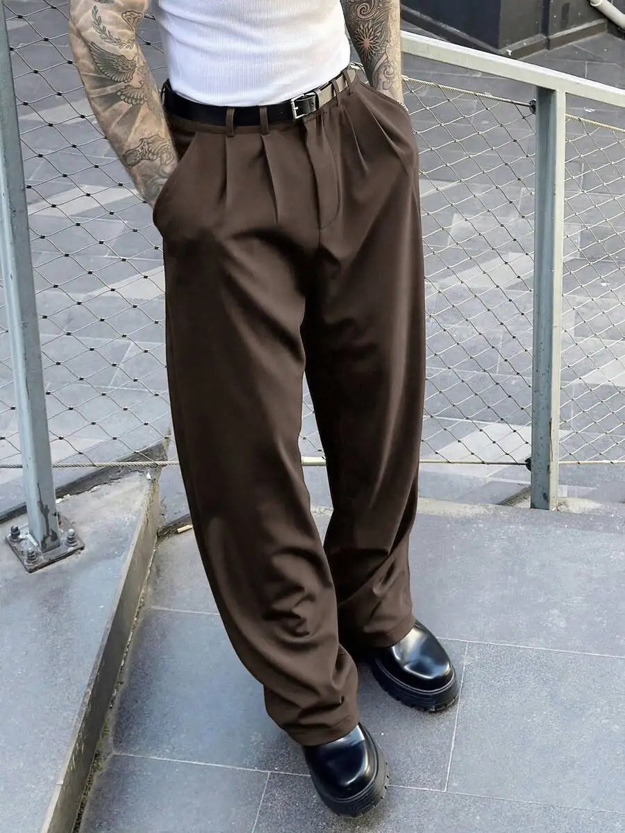 Men's Pleated Loose Straight Leg Trousers Twill Casual Business Pants