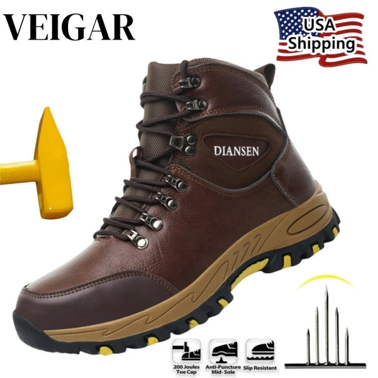 VEIGAR Waterproof Leather Work Boots for Men Indestructible Safety Shoes