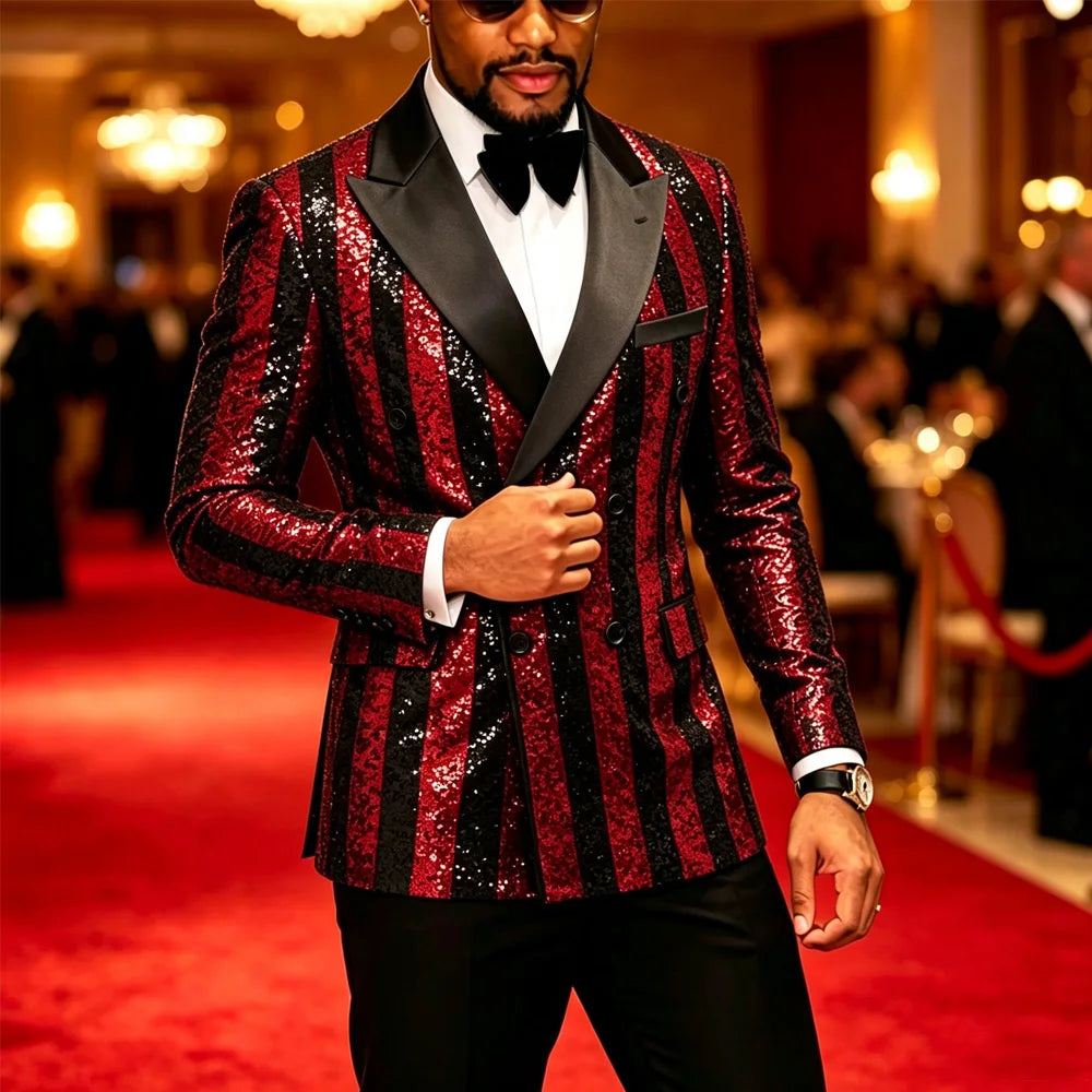 Men's Striped Sequin Double Breasted Tuxedo Suit Jacket And Pants