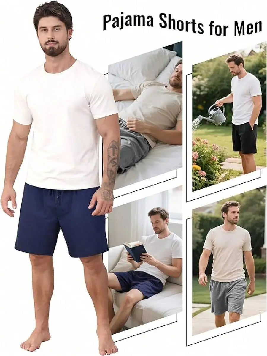 Mens Cotton Pajama Shorts 3-Pack Soft Sleepwear With Pockets
