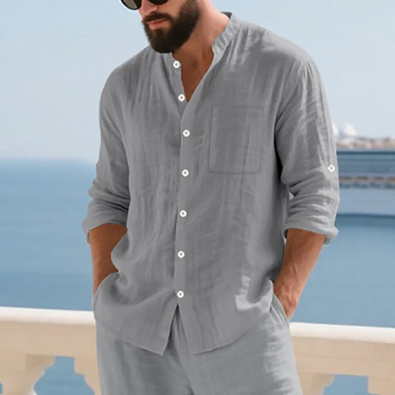 Mens Linen Button Down Shirt With Mandarin Collar Chest Pocket