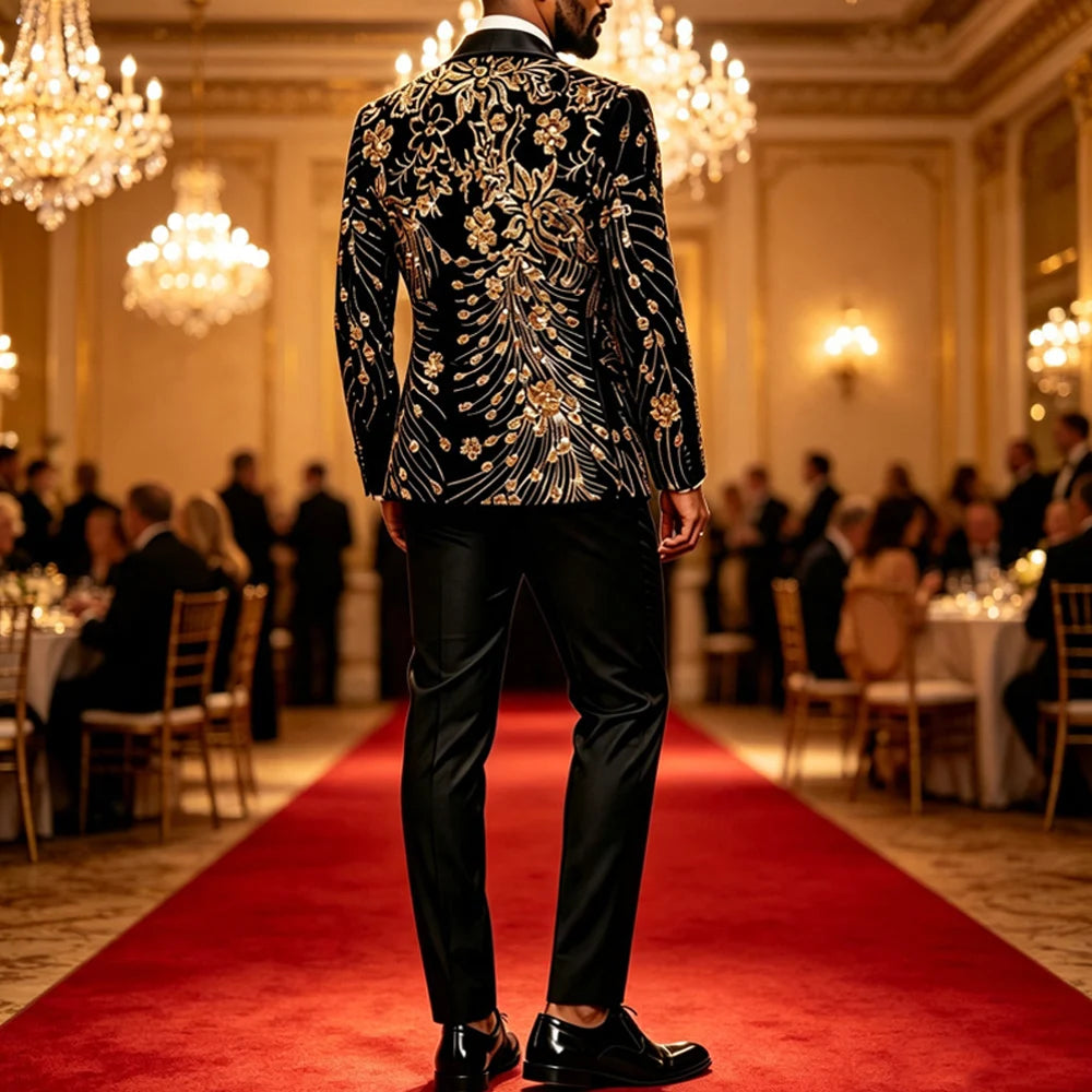 Men's Velvet Tuxedo Jacket Gold Sequin Embroidery Shawl Lapel Blazer