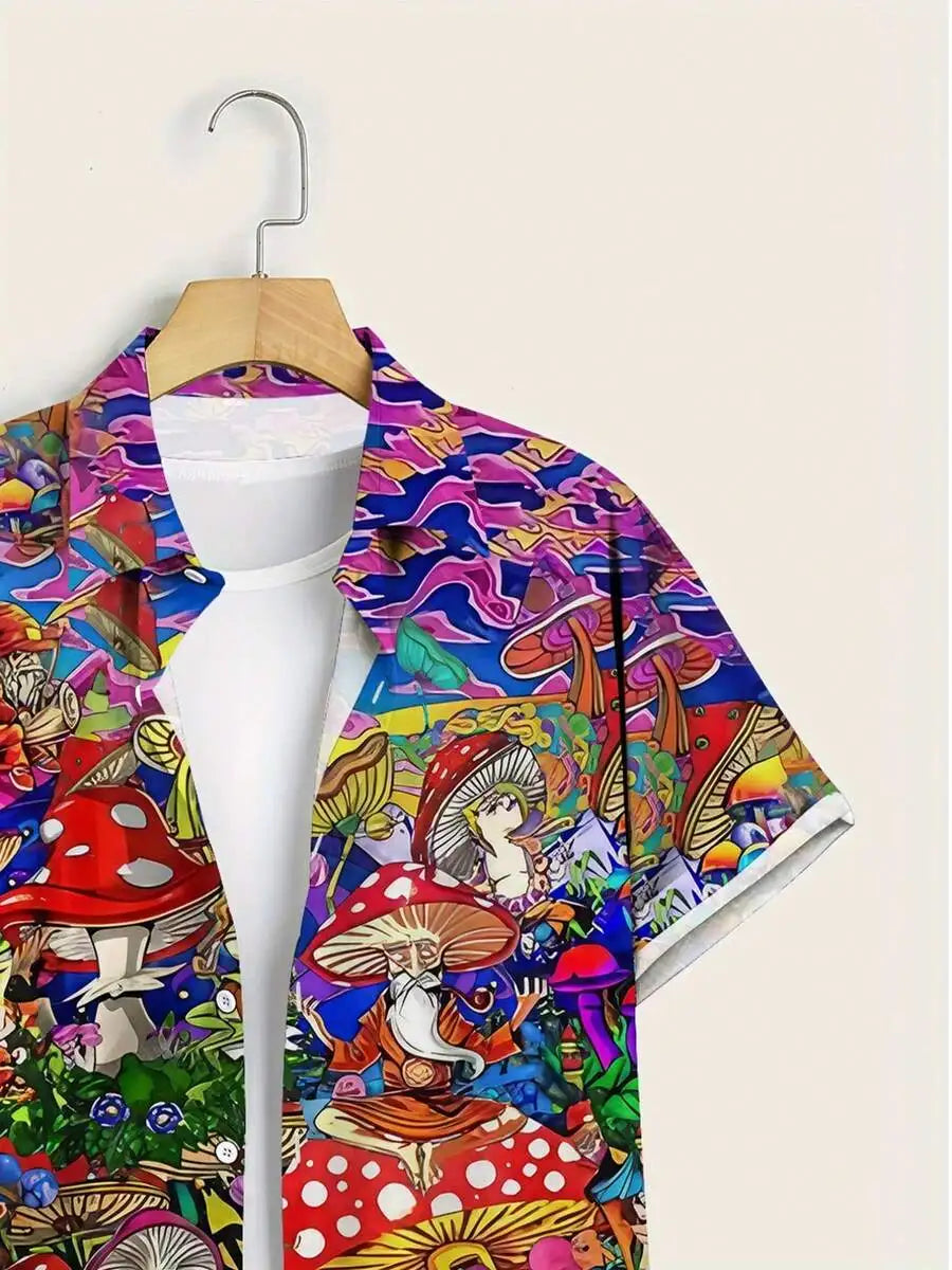 Vibrant Fantasy Mushroom Print Casual Short Sleeve Shirt for Men