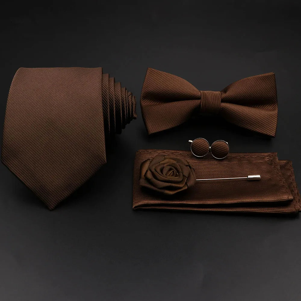 Polyester Slim Striped Tie Set With Bow Tie And Cufflinks For Groom