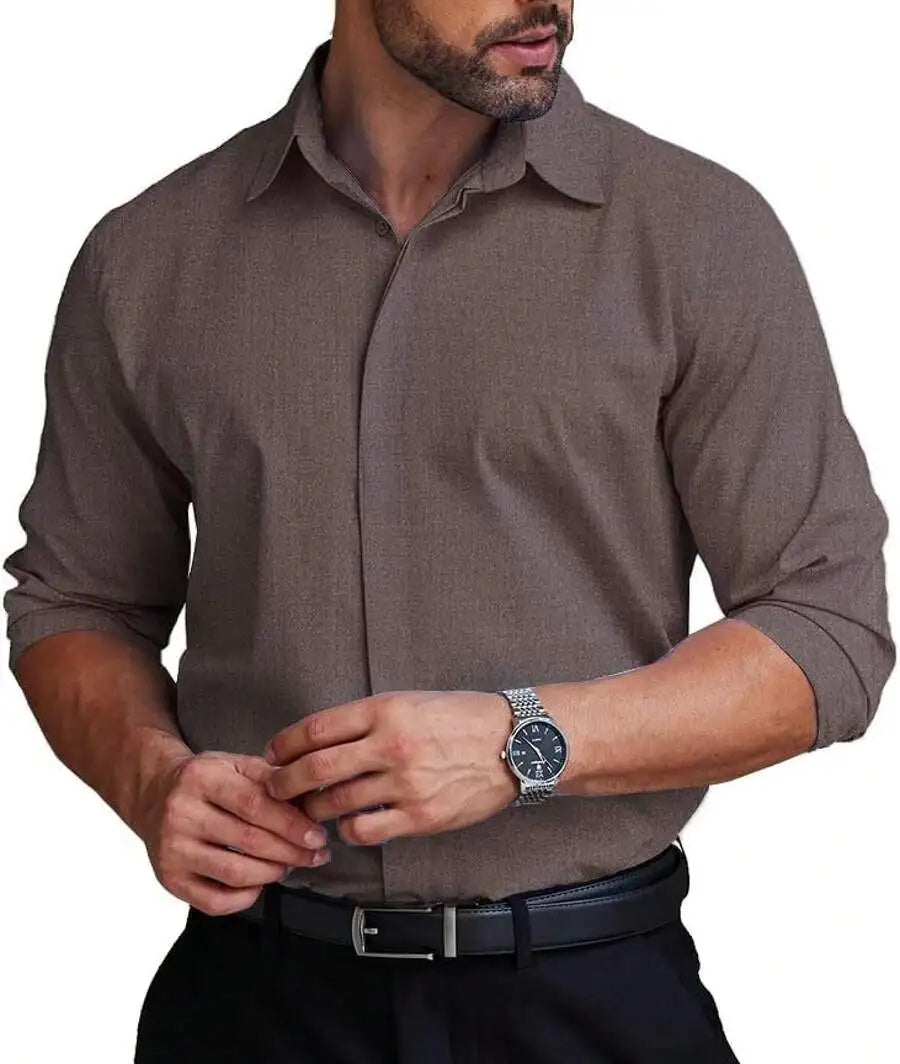 Mens Formal Dress Shirt Hidden Button Front Wrinkle Free Stretch Regular Fit