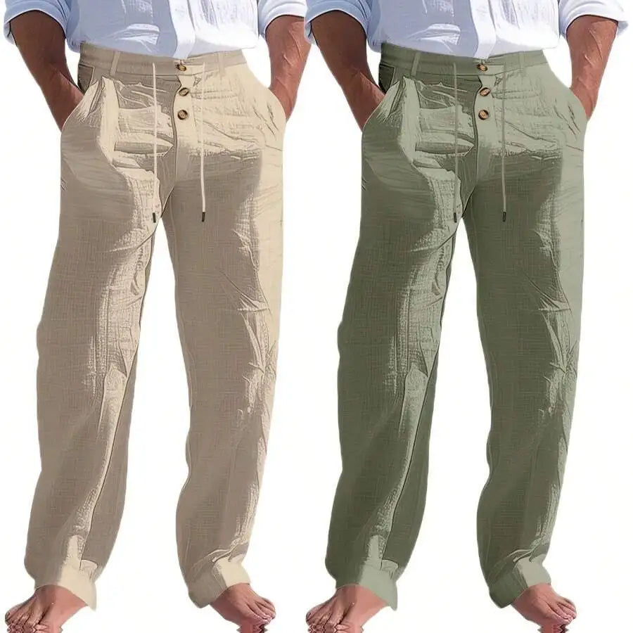 Men's Lightweight Linen Straight Leg Pants For Casual Beachwear