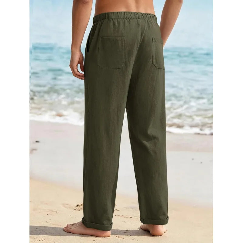 Mens Linen Pants With Elastic Waist Drawstring Loose Fit Beachwear Pockets