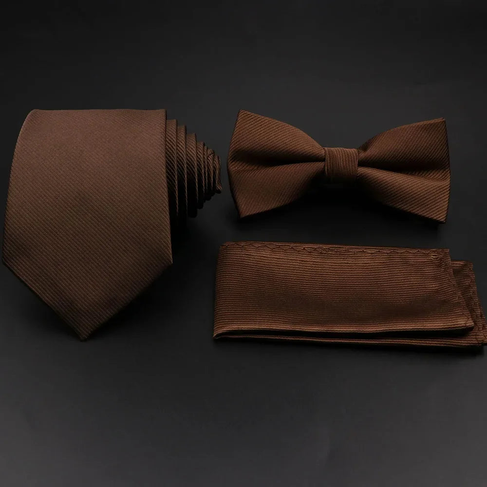 Polyester Slim Striped Tie Set With Bow Tie And Cufflinks For Groom