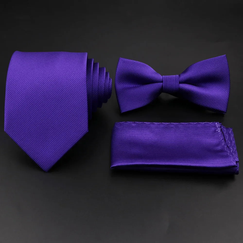 Polyester Slim Striped Tie Set With Bow Tie And Cufflinks For Groom