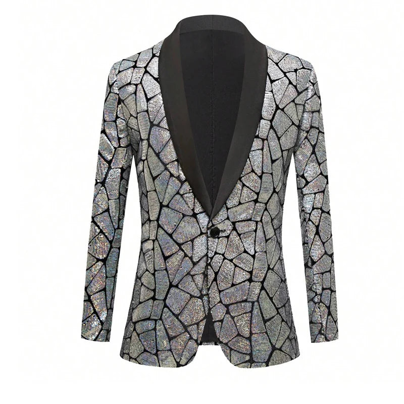 Men's Fitted Sequined Blazer With Satin Lapel For Formal Wear