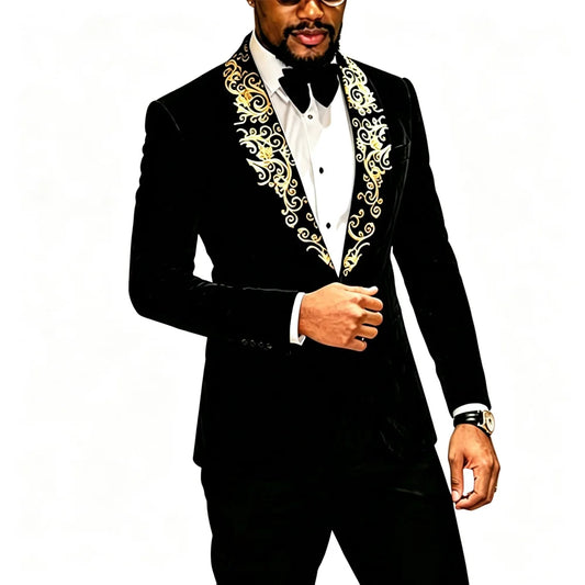 Mens Velvet Blazer With Gold Baroque Embroidery Shawl Lapel