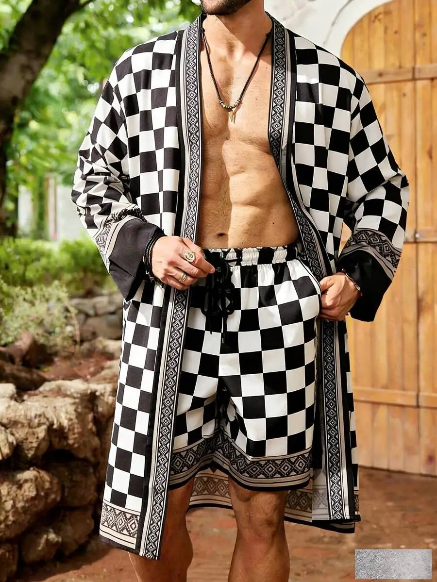 Mens Resort Style Robe And Shorts Set Comfortable Lounge Wear