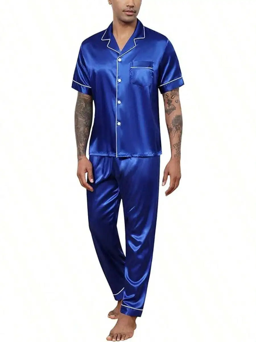 Mens Silk Satin Pajama Set Short Sleeve Button Down Loungewear