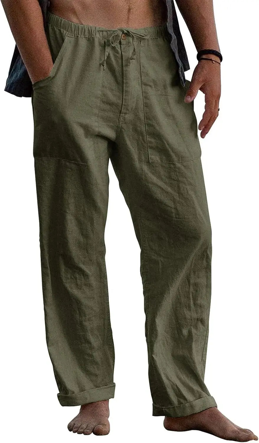 Mens Linen Pants Elastic Waist Drawstring Casual Beach Trousers With Pockets