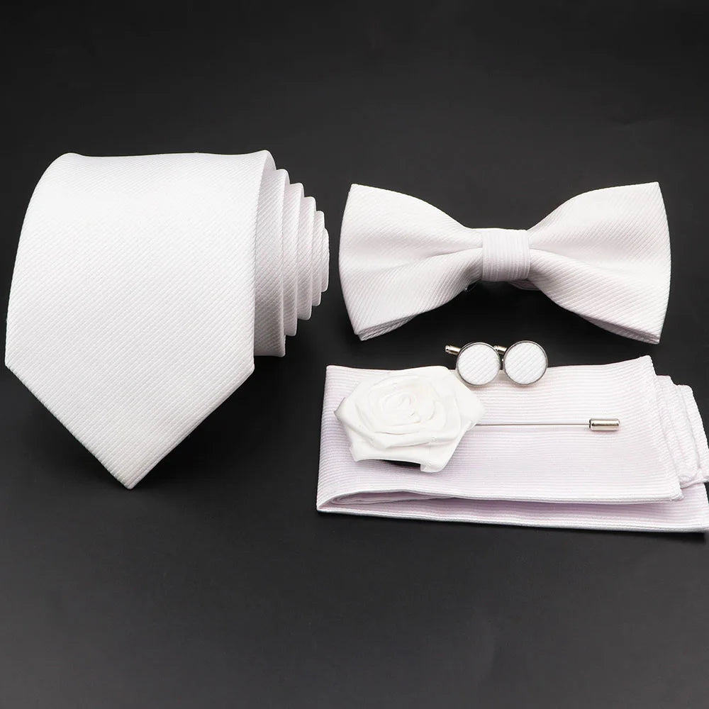 Polyester Slim Striped Tie Set With Bow Tie And Cufflinks For Groom