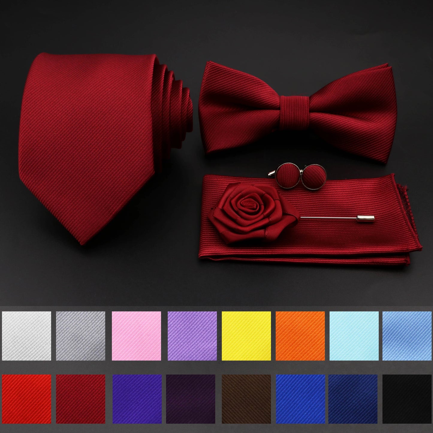Polyester Slim Striped Tie Set With Bow Tie And Cufflinks For Groom
