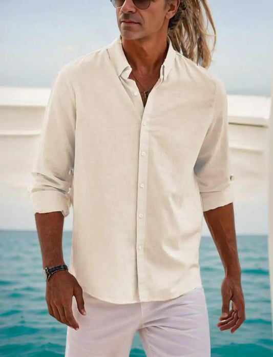 Mens Cotton Linen Button Down Shirt Casual Beachwear Long Sleeve