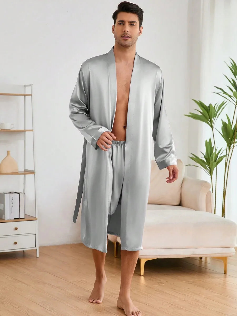 Mens Solid Color Satin Bathrobe With Matching Shorts Set