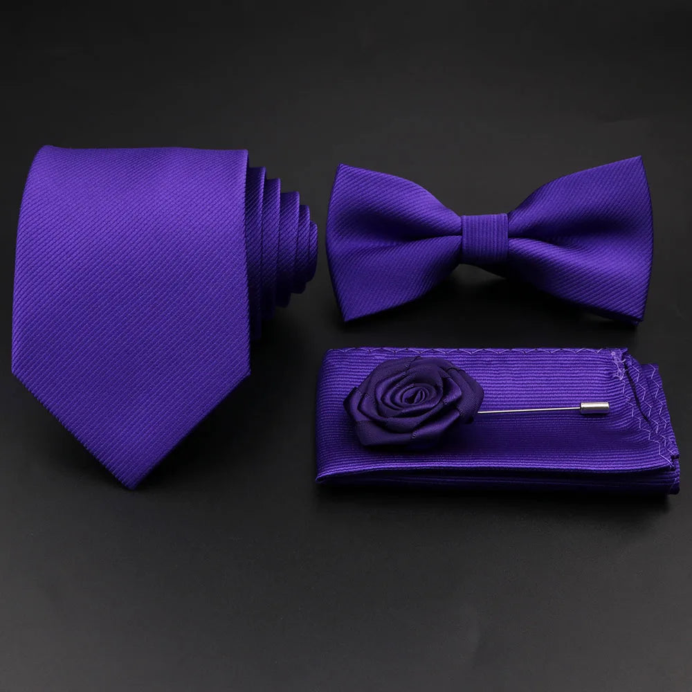 Polyester Slim Striped Tie Set With Bow Tie And Cufflinks For Groom