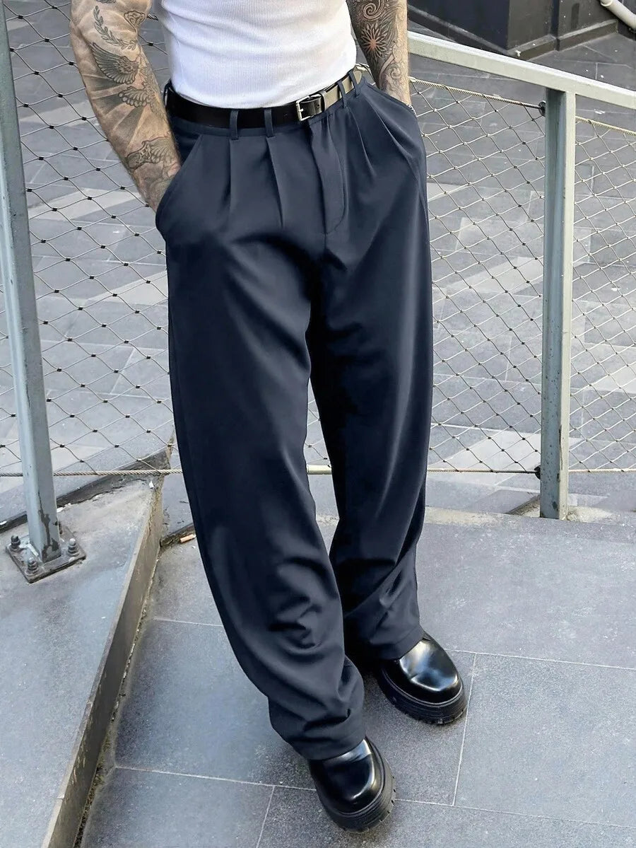 Men's Pleated Loose Straight Leg Trousers Twill Casual Business Pants