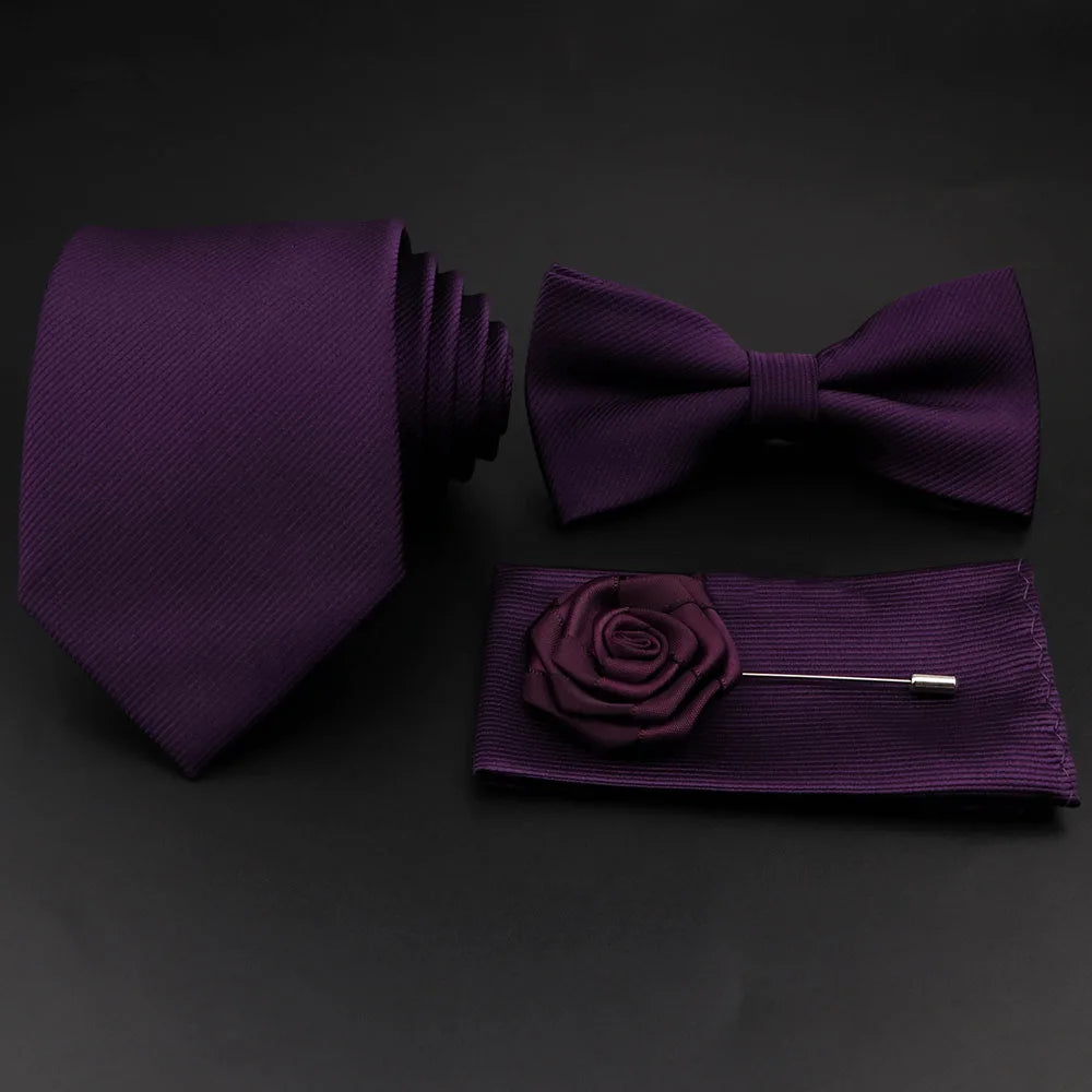 Polyester Slim Striped Tie Set With Bow Tie And Cufflinks For Groom