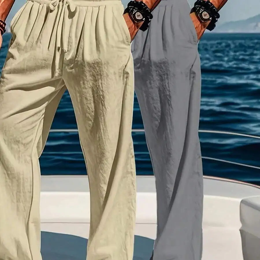 2pcs Mens Lightweight Linen Wide-Leg Drawstring Pants For Summer Beach And Leisure Wear, Machine Washable Solid Color