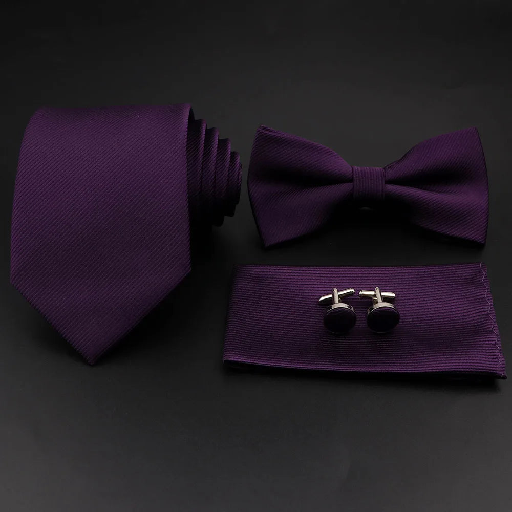 Polyester Slim Striped Tie Set With Bow Tie And Cufflinks For Groom