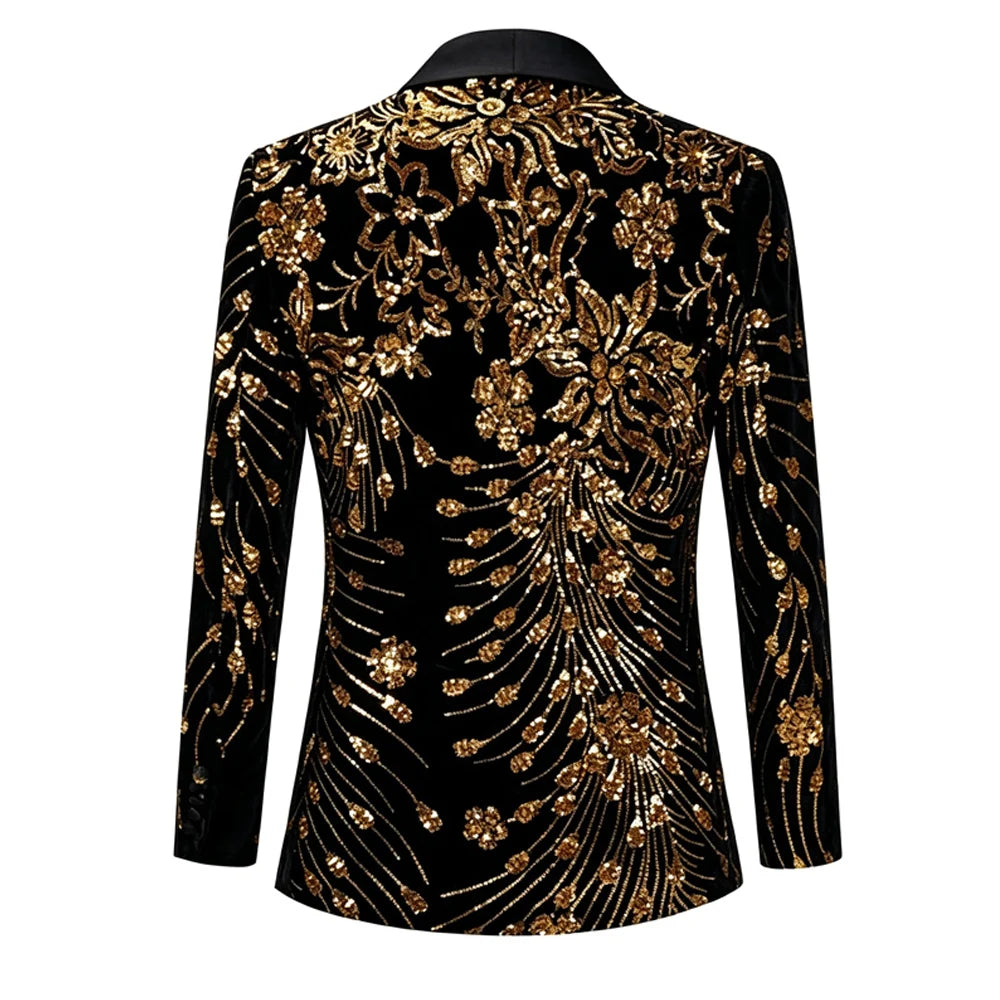 Men's Velvet Tuxedo Jacket Gold Sequin Embroidery Shawl Lapel Blazer