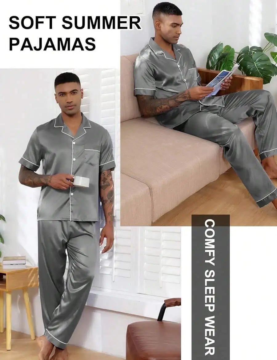 Mens Silk Satin Pajama Set Short Sleeve Button Down Loungewear