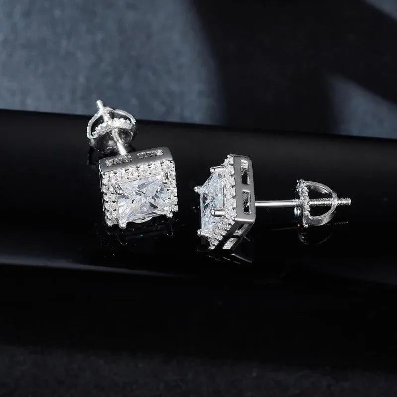 Moissanite Halo Princess Cut Stud Earrings 925 Sterling Silver