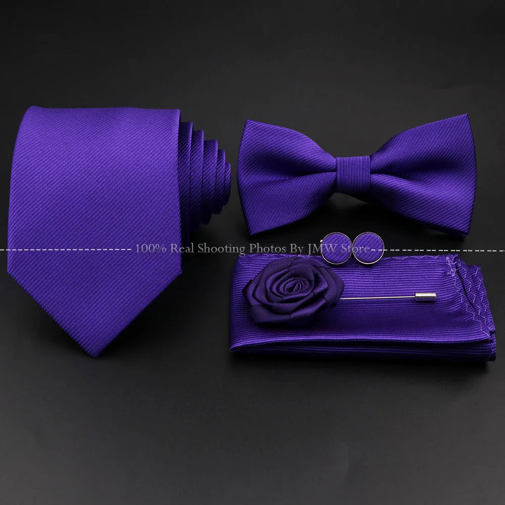 Polyester Slim Striped Tie Set With Bow Tie And Cufflinks For Groom