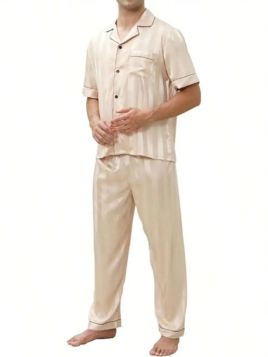 Mens Silk Satin Pajama Set Short Sleeve Button Down Loungewear