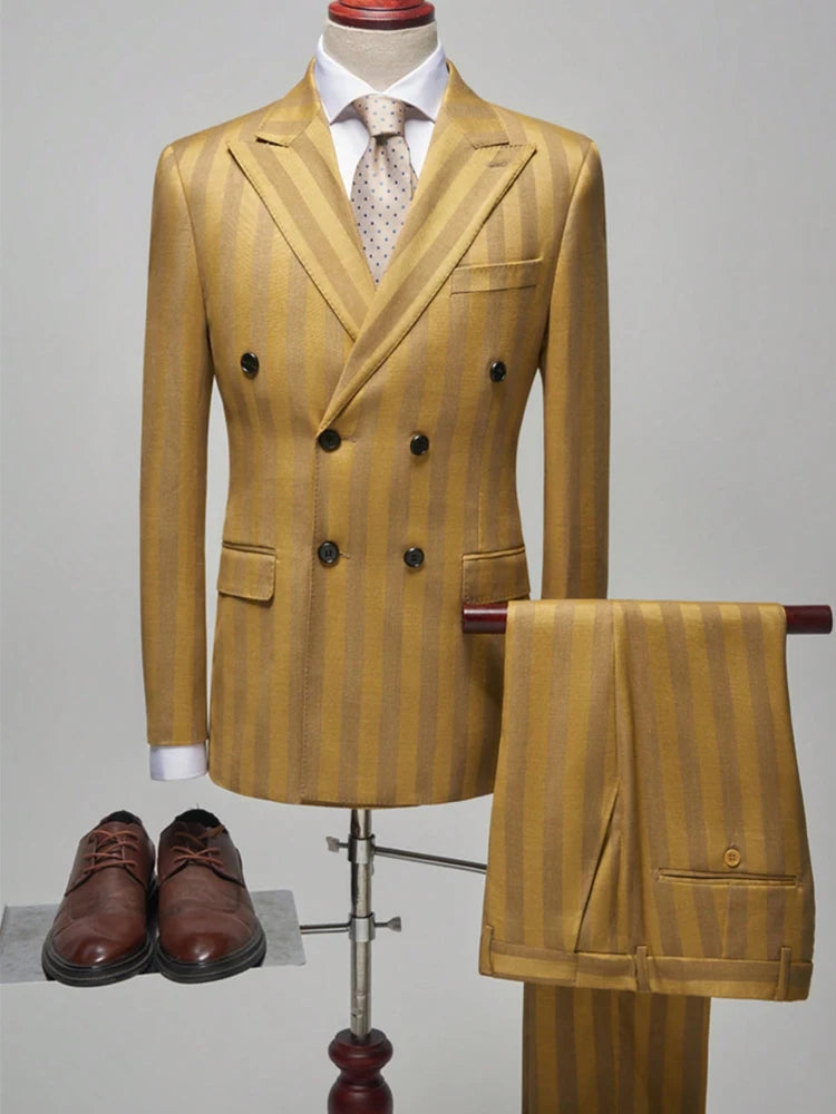 Mens Jacquard 2 Double Breasted Suit Jacket Pants Slim Fit
