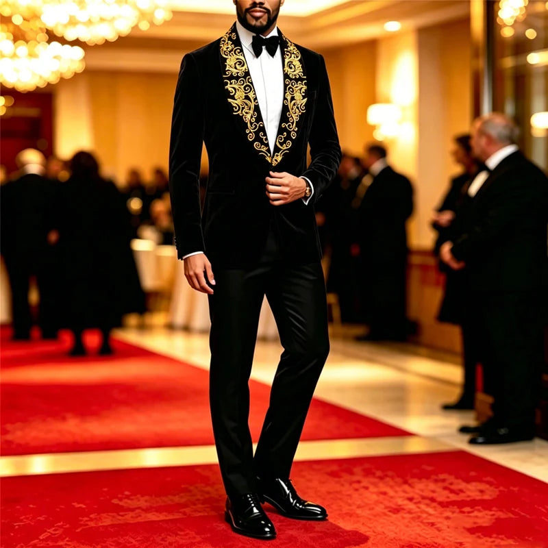 Mens Velvet Blazer With Gold Baroque Embroidery Shawl Lapel