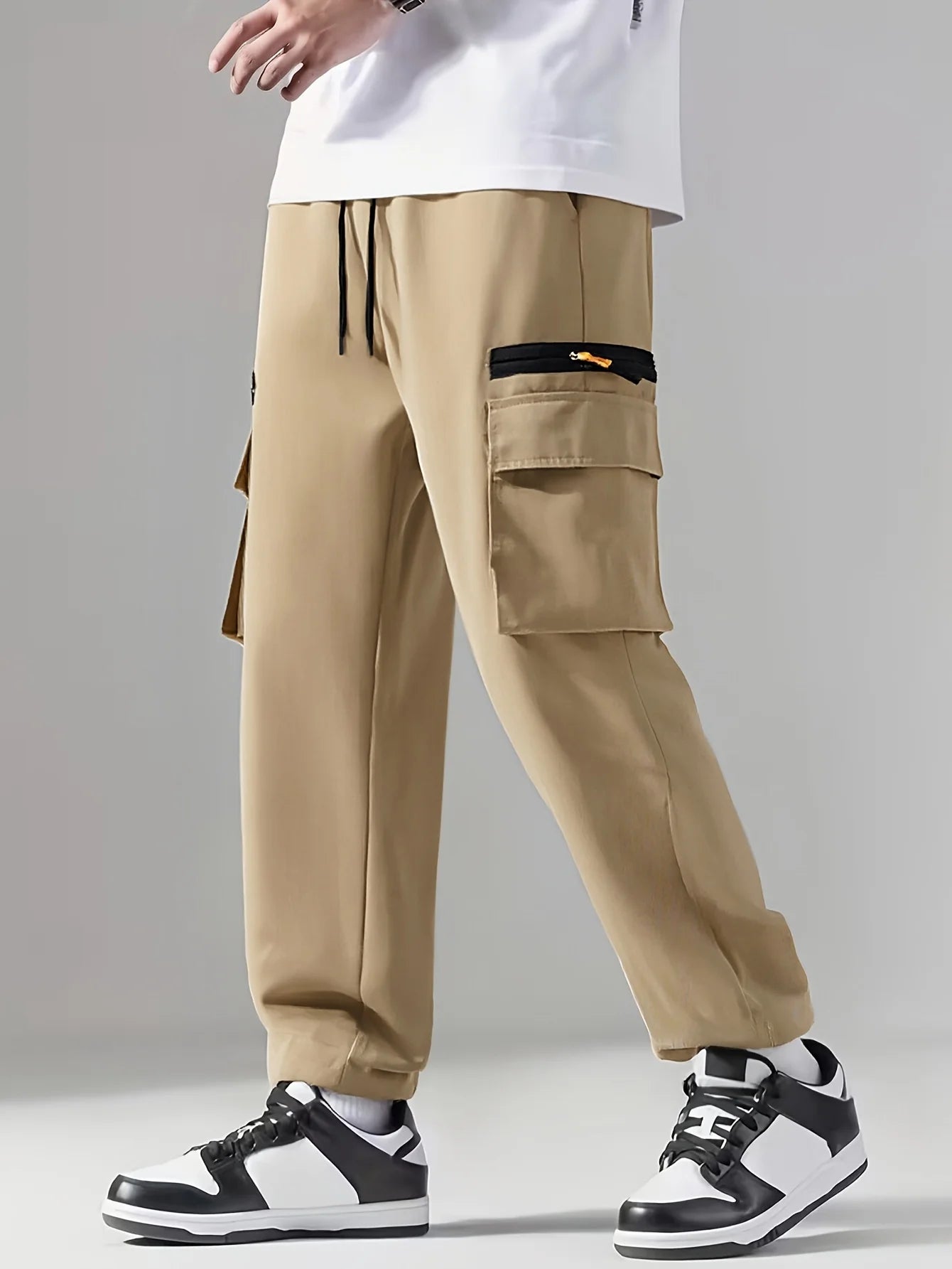 6 pieces of men's regular outdoor pants, work pants, fashionable pants and sports pants, multi pocket drawstring elastic waist, casual pants