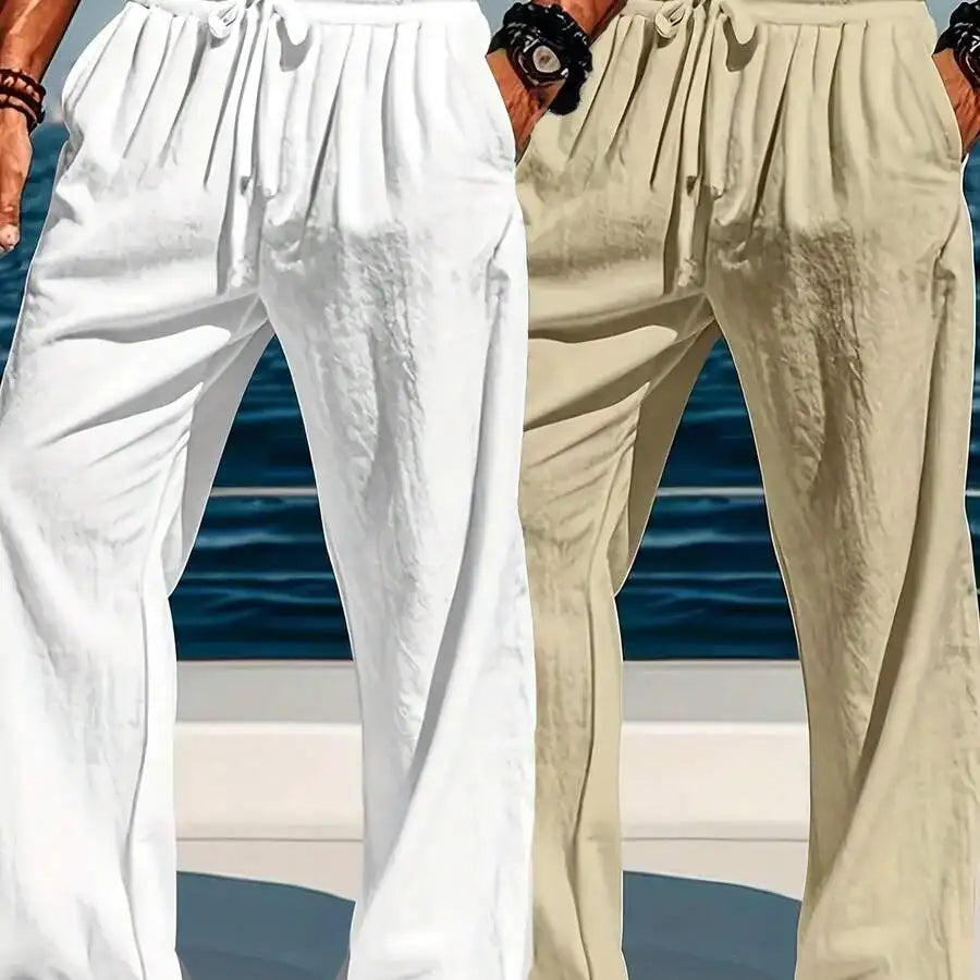 2pcs Mens Lightweight Linen Wide-Leg Drawstring Pants For Summer Beach And Leisure Wear, Machine Washable Solid Color